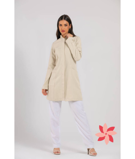 Jaleco Feminino Gola Padre NUDE / BEGE Acinturado e personalizado -frente
