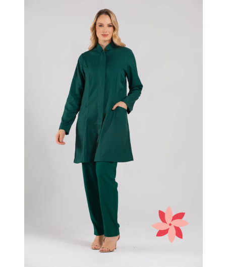 Jaleco Feminino Gola Padre Verde Escuro Acinturado e personalizado -frente