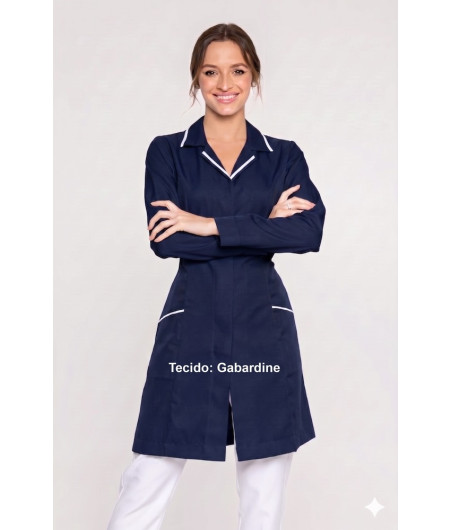 Jaleco Gola Tradicional Azul Marinho Debrum Branco Feminino Acinturado