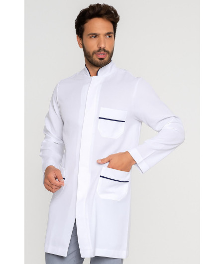 Jaleco Masculino Gola Padre Branco com Debrum Azul Marinho - Frente