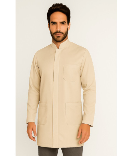 Jaleco Masculino Gola Padre Nude Bege Areia com botão Escondido