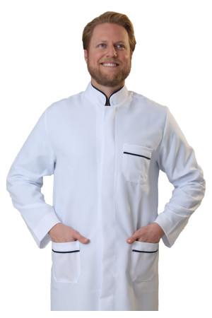 Jaleco Masculino Gola Padre Branco com Debrum Azul Marinho  Jaleco Masculino Gola Padre Branco com Debrum Azul Marinho