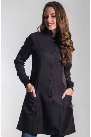 Jaleco Feminino Gola Padre All Black Preto Com Punho Acinturado Personalizado Jaleco Feminino Gola Padre All Black Preto Com Punho Acinturado Personalizado