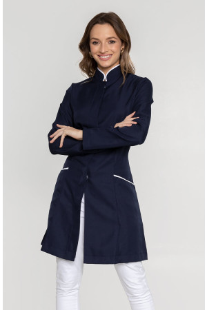 Jaleco Gola Padre AZUL Marinho Debrum Branco Feminino Acinturado