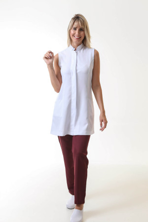 Jaleco Gola Padre BRANCO Sem Manga Feminino Acinturado  Jaleco Gola Padre BRANCO Sem Manga Feminino Acinturado