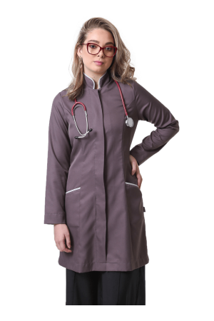 Jaleco Feminino Gola Padre Grafite Acinturado com Debrum Gelo  Jaleco Feminino Gola Padre Grafite Acinturado com Debrum Gelo