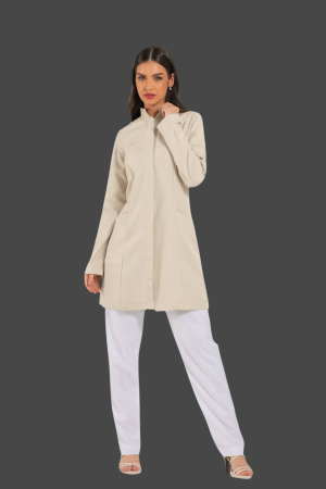 Jaleco Feminino Gola Padre NUDE / BEGE Acinturado e personalizado -frente