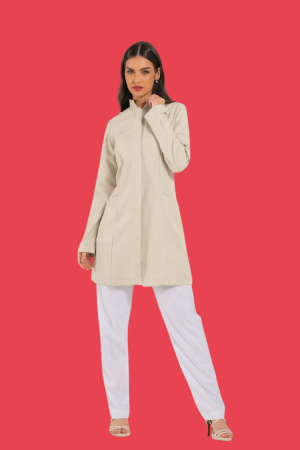 Jaleco Feminino Gola Padre NUDE / BEGE Acinturado e personalizado -frente