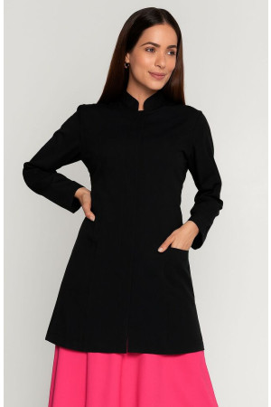 Jaleco Feminino Gola Padre PRETO Acinturado e personalizado -frente Jaleco Feminino Gola Padre PRETO Acinturado e personalizado -frente