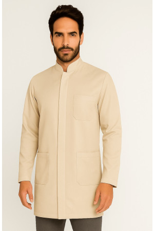 Jaleco Masculino Gola Padre Nude Bege Areia com botão Escondido