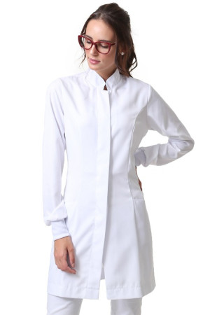 Jaleco Feminino Gola Padre Branco Acinturado Com Punho 