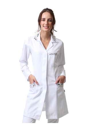 Jaleco Feminino Gola Tradicional Patinhas Acinturado com detalhe estampado Jaleco Feminino Gola Tradicional Patinhas Acinturado com detalhe estampado