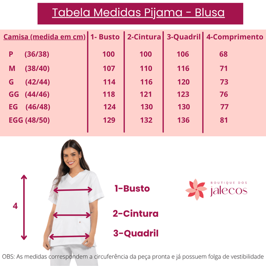 Tabela de Medidas - Camisa - Pijama Cirúrgico Feminino Azul Marinho / scrub feminino azul marinho da Boutique dos Jalecos