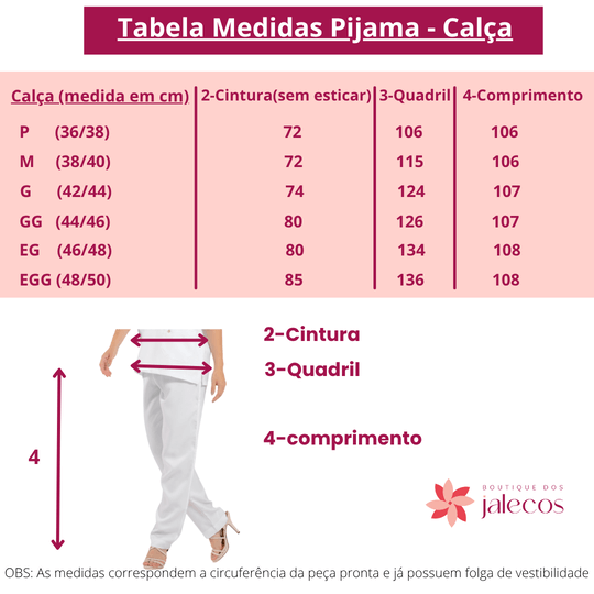 Tabela de Medidas - Calça - Pijama cirúrgico Feminino Azul Marinho / scrub Femininoo azul marinho da Boutique dos Jalecos