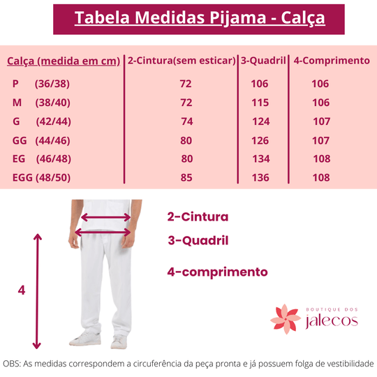 Tabela de Medidas - Calça - Pijama cirúrgico masculino Azul Marinho / scrub masculino azul marinho da Boutique dos Jalecos