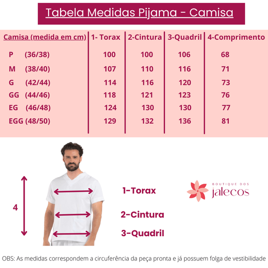 Tabela de Medidas - Camisa - Pijama Cirúrgico masculino Azul Marinho / scrub masculino azul marinho da Boutique dos Jalecos